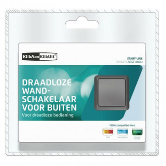 Draadloze wandschakelaar voor buitengebruik met spatwaterdichte behuizing en bediening van een apparaat of groep KAKU AGST 8800