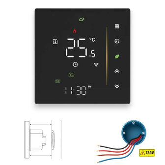 Inbouw thermostaat voor C V installatie met touchscreen app en spraakbediening energiezuinig zwart