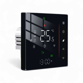 Inbouw thermostaat voor C V installatie met touchscreen app en spraakbediening energiezuinig zwart