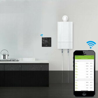 Inbouw thermostaat voor C V installatie met touchscreen app en spraakbediening energiezuinig zwart