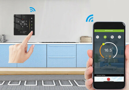 Inbouw thermostaat voor C V installatie met touchscreen app en spraakbediening energiezuinig zwart