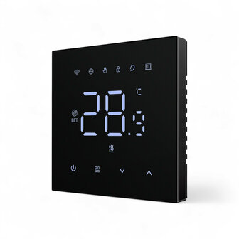 Wifi inbouw thermostaat voor elektrische vloerverwarming met zwart touchscreen en app bediening