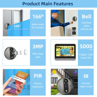 Digitale deurspion voor bewaking met 3MP camera 43 inch LCD scherm en draadloze installatie