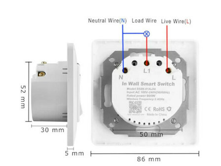 Slimme inbouw schakelaar voor twee knoppen met controleverlichting en app bediening