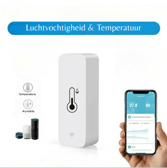 Vochtigheids en temperatuursensor voor binnen met wifi real time metingen en app bediening