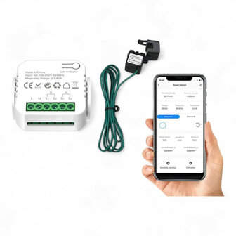 Energie monitor voor zonnepanelen met 1 klem geschikt voor 80A en app bediening via Tuya en Smartlife