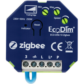 Inbouw dimmer voor Zigbee systeem met platte behuizing geschikt voor ledlampen tot 250 watt en compatibel met Philips Hue