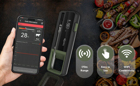 Thermometer voor BBQ en grillen met draadloze app bediening en hoge temperatuurbestendigheid