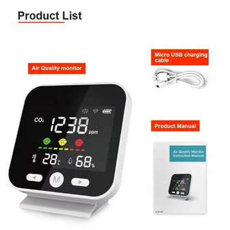 Luchtkwaliteitmeter met CO₂, WiFi, LED-display en USB voeding (wit)
