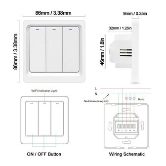 Inbouw WiFi lichtschakelaar 1‑knops, geen nuldraad, Tuya Smart Life compatibel, wit
