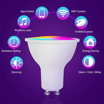 Slimme GU10 WiFi spotlight dimbaar RGB+CCT 2700&ndash;6500K 4,7W 806 lm wit