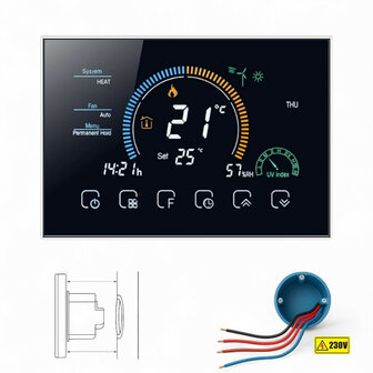Slimme inbouwthermostaat voor elektrische vloerverwarming met touchscreen, zwart