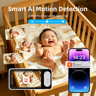 Babyfoon met camera 1080p WiFi, huildetectie, nachtzicht en tweerichtingsaudio