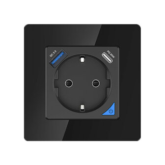 Inbouw stopcontact voor opladen met USB en USB-C PD met WiFi bediening en zwart (glaspaneel)