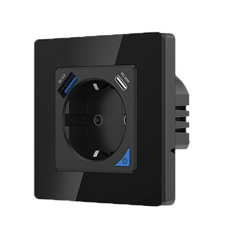 Inbouw stopcontact voor opladen met USB en USB-C PD met WiFi bediening en zwart (glaspaneel)