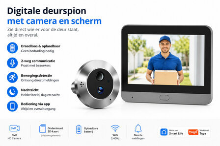 Digitale deurspion voor deuren 35 tot 150 millimeter met 3MP HD camera en tweeweg audio (incl. SD kaart)