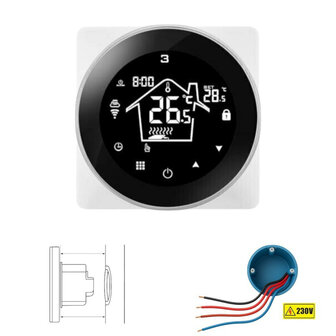Slimme thermostaat voor elektrische vloerverwarming, inbouw, zwart touchscreen en wifi