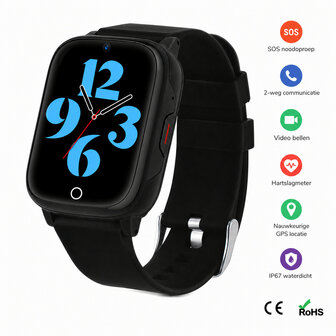 GPS horloge voor kinderen met 4G, live GPS-locatie en videobellen, zwart