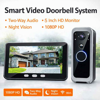 Video deurbel met Wifi en Tuya-app, batterijvoeding 5000 mAh, IP65 (zilver)