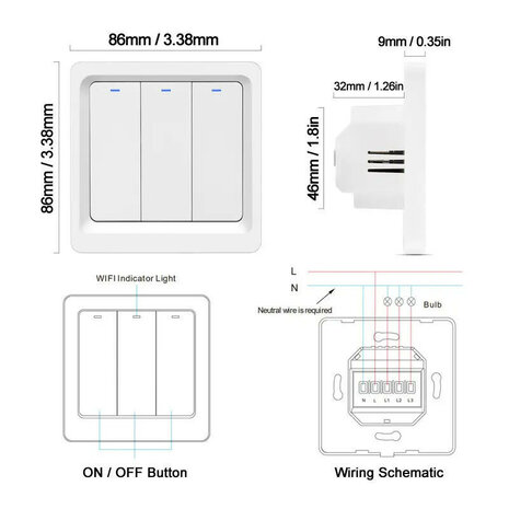 Slimme WiFi Drukknopschakelaar voor Inbouw met Tuya Smart Life Integratie en Spraakbediening Wit
