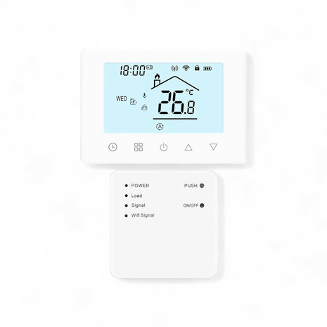 Thermostaat voor CV en boiler met touchscreen draadloze bediening en app spraakbediening wit