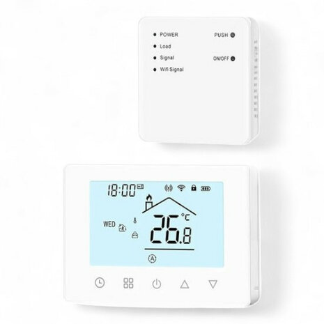 Thermostaat voor CV en boiler met touchscreen draadloze bediening en app spraakbediening wit