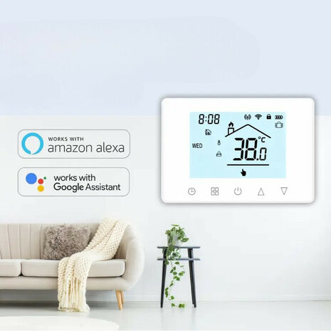 Thermostaat voor CV en boiler met touchscreen draadloze bediening en app spraakbediening wit