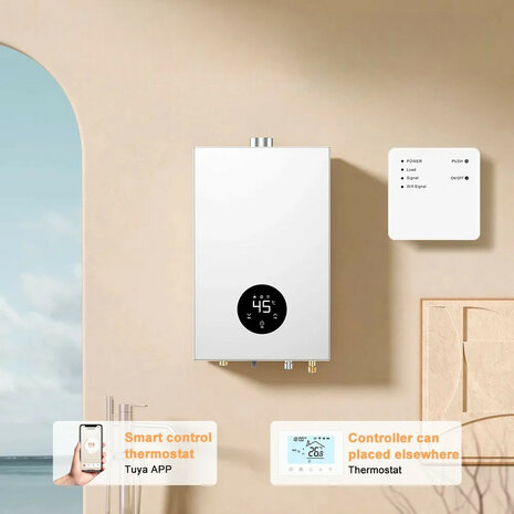 Thermostaat voor CV en boiler met touchscreen draadloze bediening en app spraakbediening wit