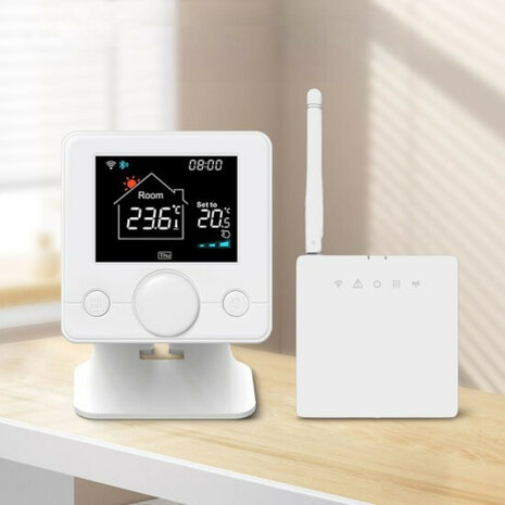 Thermostaat voor centrale verwarmingsinstallatie met draadloze wifi en draaiknopbediening