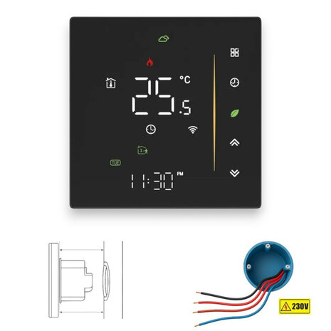 Inbouw thermostaat voor C V installatie met touchscreen app en spraakbediening energiezuinig zwart