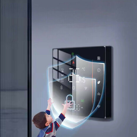 Inbouw thermostaat voor C V installatie met touchscreen app en spraakbediening energiezuinig zwart