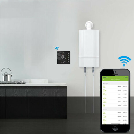 Inbouw thermostaat voor C V installatie met touchscreen app en spraakbediening energiezuinig zwart