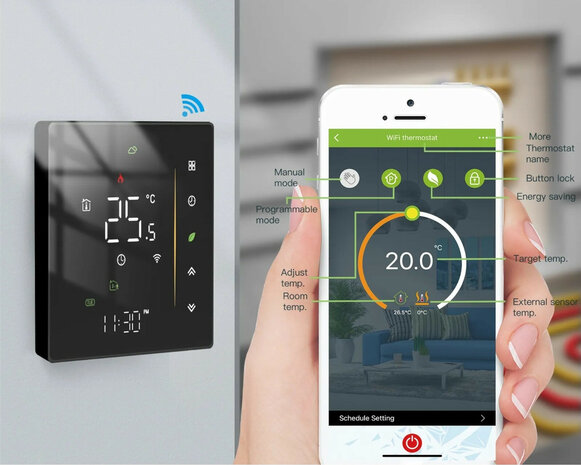 Inbouw thermostaat voor C V installatie met touchscreen app en spraakbediening energiezuinig zwart