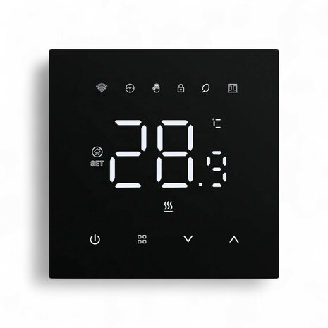 Wifi inbouw thermostaat voor elektrische vloerverwarming met zwart touchscreen en app bediening