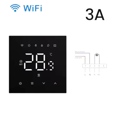 Wifi inbouw thermostaat voor elektrische vloerverwarming met zwart touchscreen en app bediening