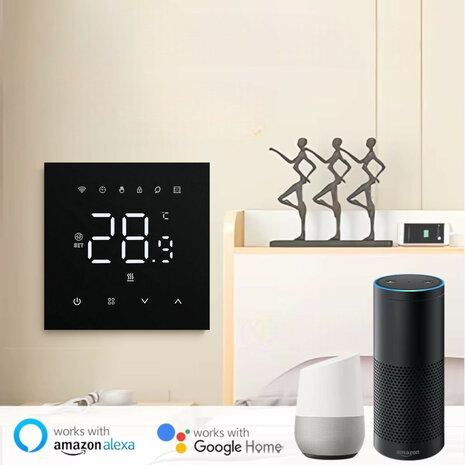 Wifi inbouw thermostaat voor elektrische vloerverwarming met zwart touchscreen en app bediening