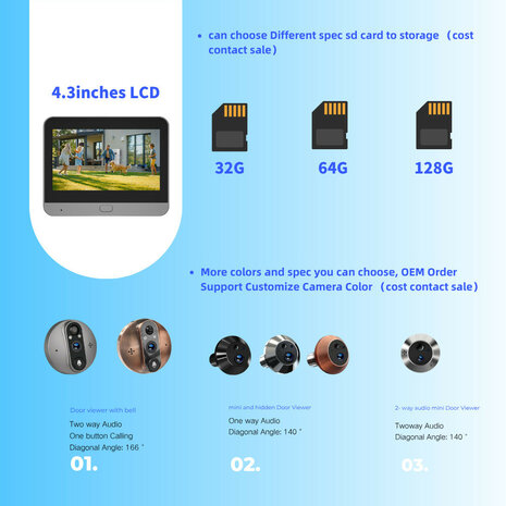 Digitale deurspion voor bewaking met 3MP camera 43 inch LCD scherm en draadloze installatie