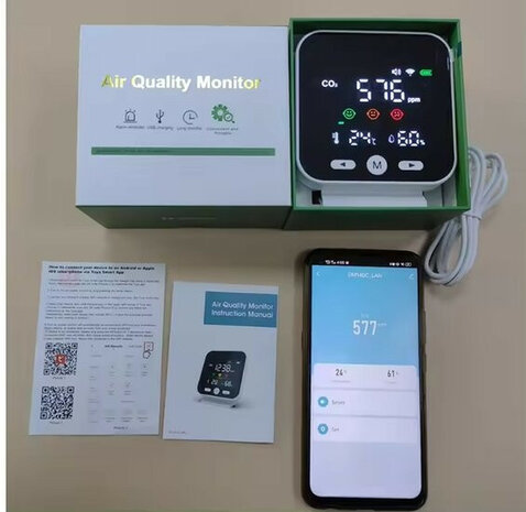 Luchtkwaliteitmeter voor binnen met WiFi en LED-display voor CO2 temperatuur en luchtvochtigheid