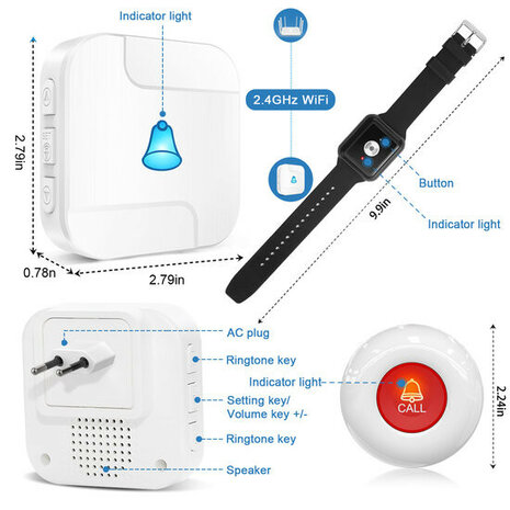 SOS Alarmset voor ouderen met knop en horloge werkt binnen WiFi netwerk met visueel en hoorbaar alarm