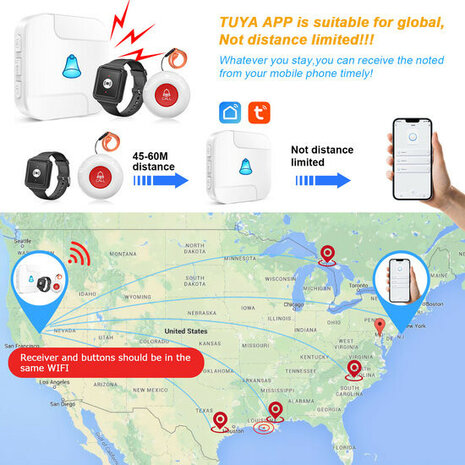 SOS Alarmset voor ouderen met knop en horloge werkt binnen WiFi netwerk met visueel en hoorbaar alarm