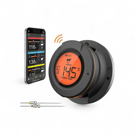 Kamado thermometer voor barbecue met Bluetooth bereik en 2 probes voor dome en kerntemperatuur