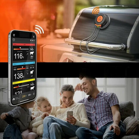 Kamado thermometer voor barbecue met Bluetooth bereik en 2 probes voor dome en kerntemperatuur