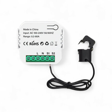 Energie monitor voor zonnepanelen met 1 klem geschikt voor 80A en app bediening via Tuya en Smartlife