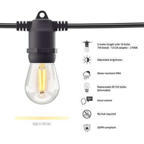 Lightstring voor tuin met wifi bediening en dimbare warm witte lampen