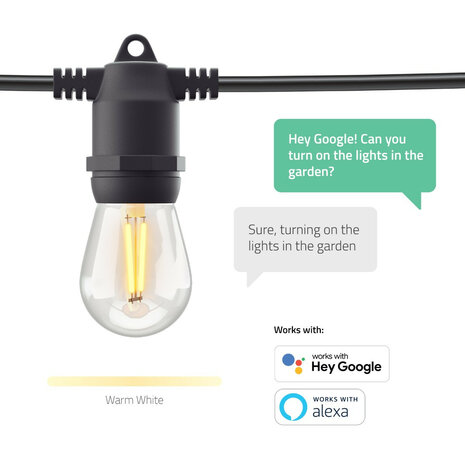 Lightstring voor tuin met wifi bediening en dimbare warm witte lampen
