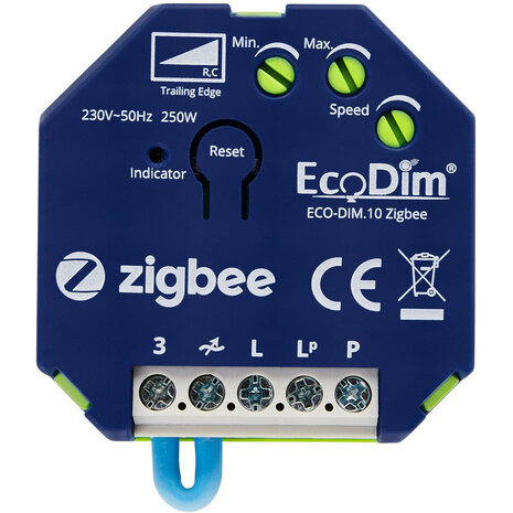 Inbouw dimmer voor Zigbee systeem met platte behuizing geschikt voor ledlampen tot 250 watt en compatibel met Philips Hue
