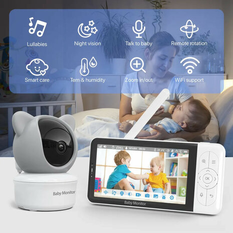 Babyfoon voor baby monitoring met 5 inch lcd scherm en 1080p resolutie