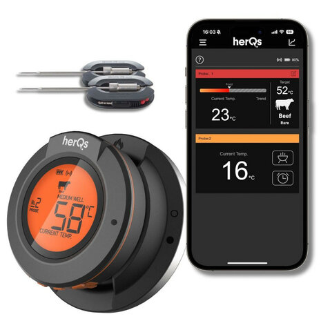 Thermometer voor BBQ met Bluetooth app bediening en maximaal vier temperatuur pennen