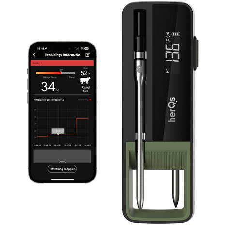 Thermometer voor BBQ en grillen met Bluetooth app bediening en temperatuurbereik tot 500 graden