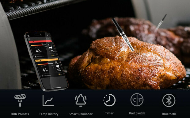 Thermometer voor BBQ en grillen met Bluetooth app bediening en temperatuurbereik tot 500 graden